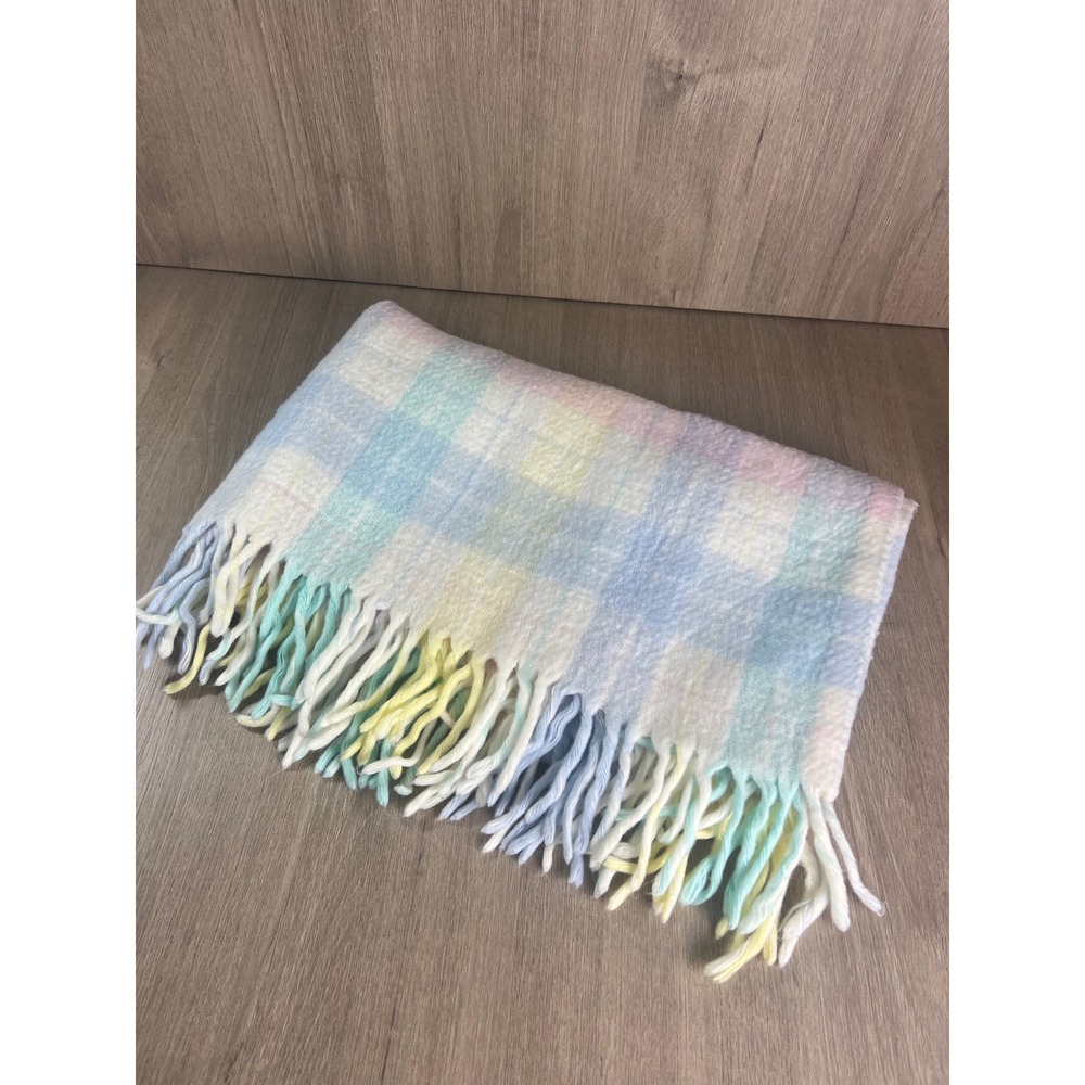 Vintage Pastel Plaid Baby Blanket Fringed Soft Pink Blue Yellow Checkered